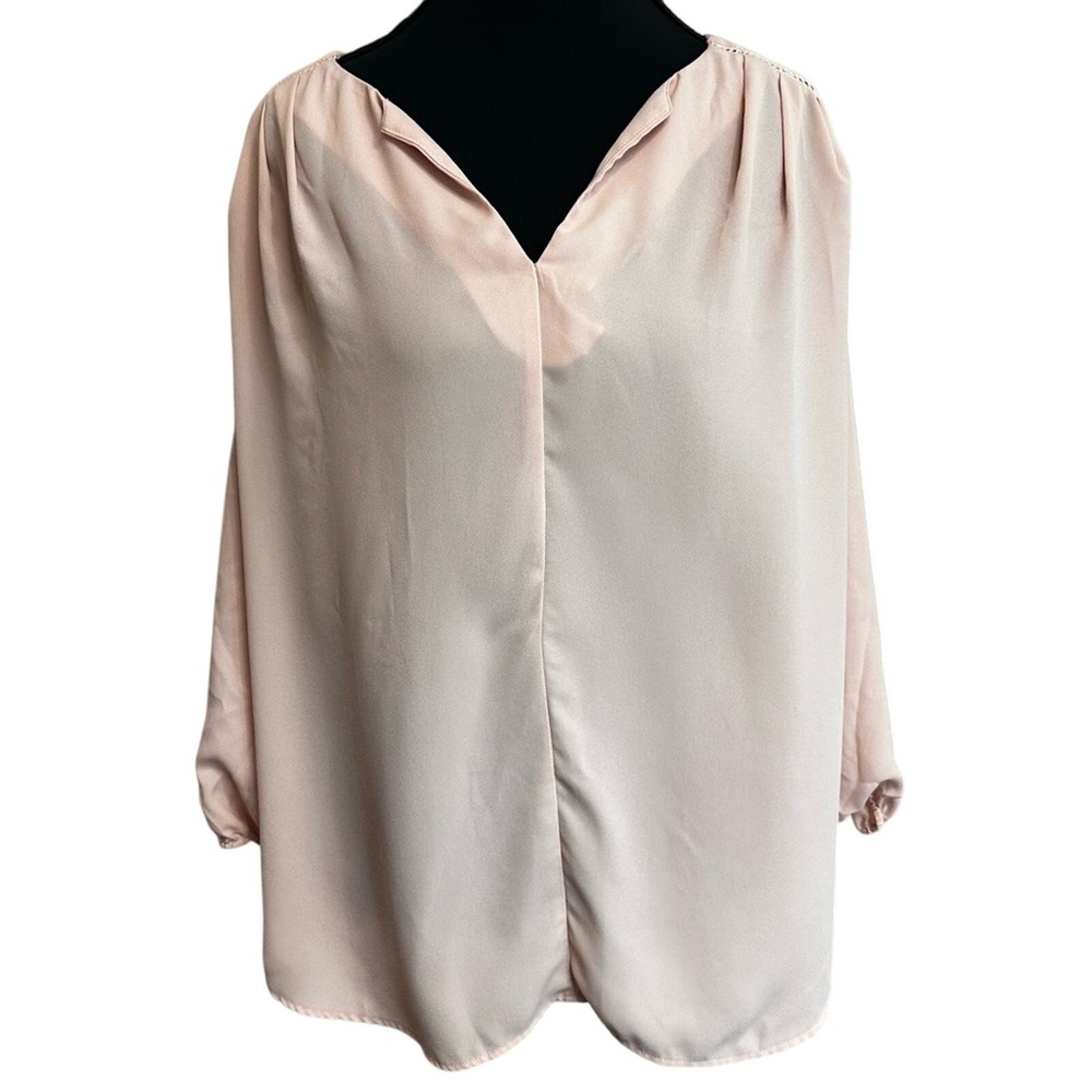 Pleione Blouse Womens L‎ Pink V-Neck Ladder Stitch Crochet High Low Minimalist